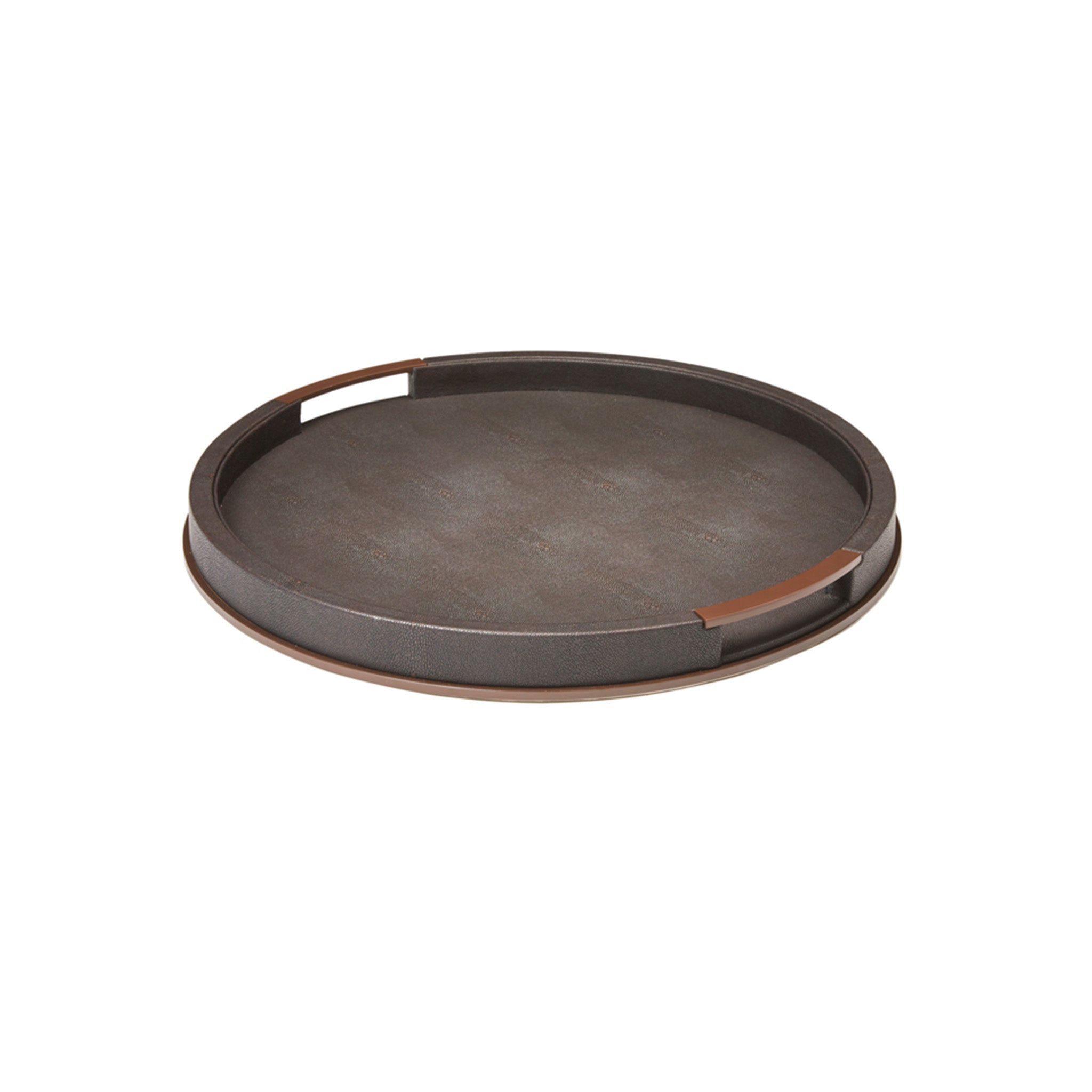 Sophie Paterson faux shagreen round tray, available in two colours, anthracite or ecru with a brushed bronze outer trim and brushed bronze handles Dimensions: 460 x 460 mm Delivery: 7-10 Working days depending on stock availability
